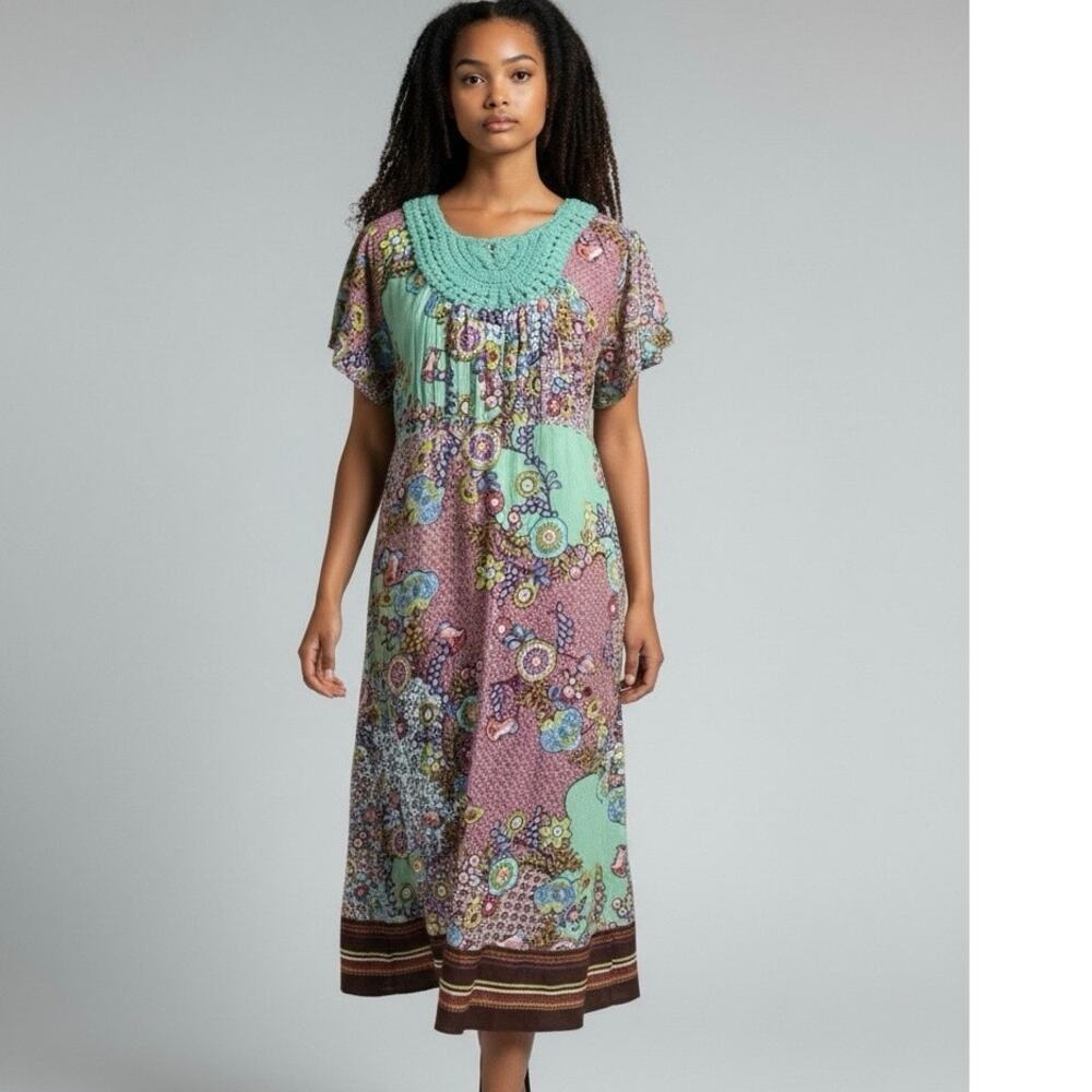 Phool Floral Boho Crochet Midi Dress Size M Peasant Crochet Cottage